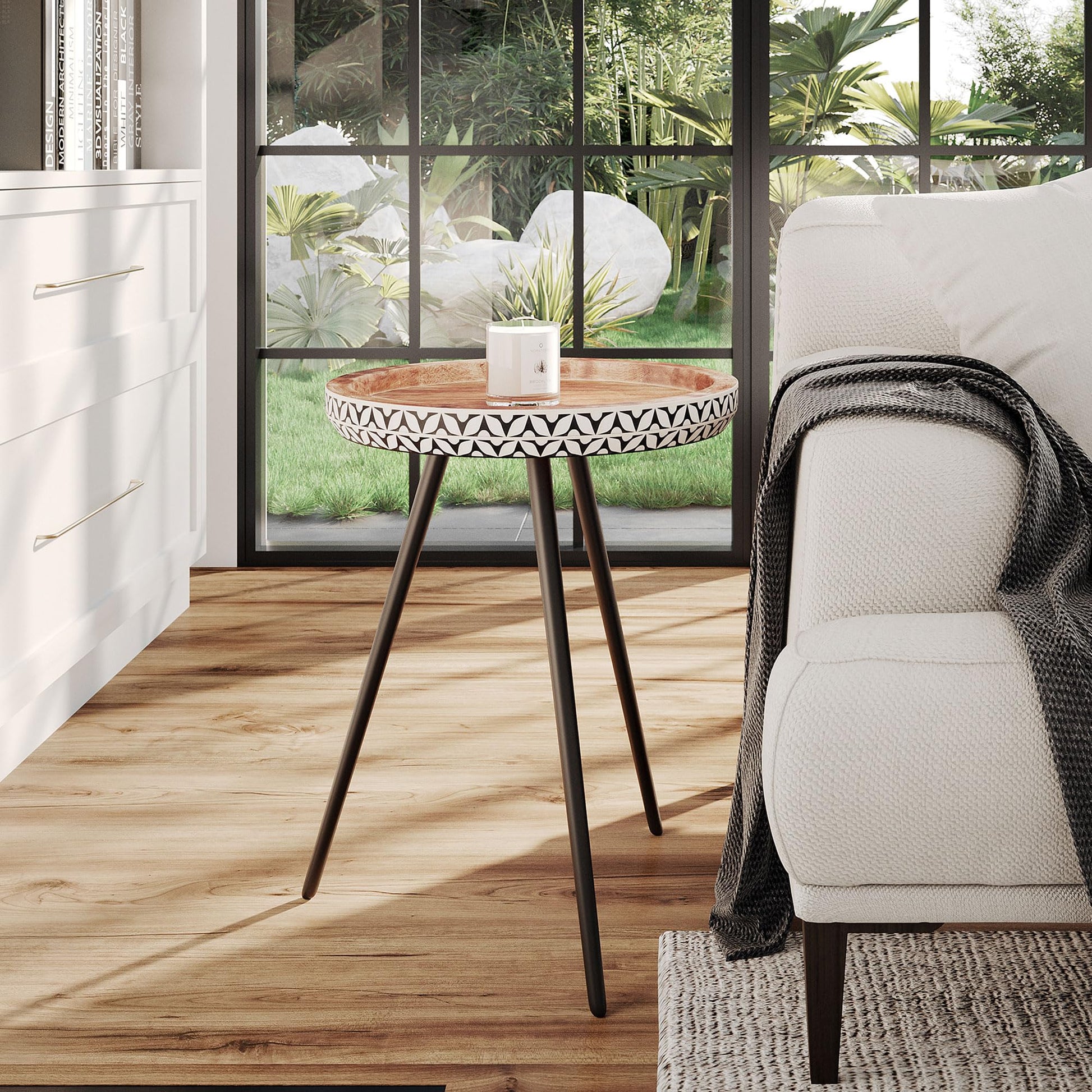 East at Main Handmade- Natural Bone Inlay Round Side Table - Iron Legs - 16" Dia X 20" H Mango Wood Side Table, Accent Table, Bedside Table - WoodArtSupply