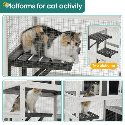 Outdoor Cat House, 3-Tier Cat Enclosures Wooden Catio Outdoor & Indoor Cat House with 4 Platforms and 2 Doors Weatherproof Cat Resting Box Gray One Size