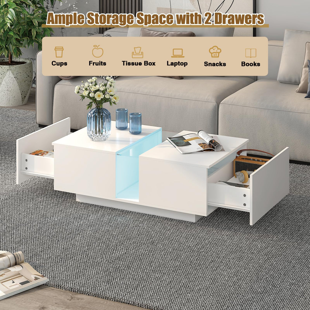 HedoAjim White Led Coffee Table for Living Room, Rectangular Living Room Table with Storage, Acrylic Coffee Tables with 2 Sliding Drawers, Wood Center Table for Reception Dinning Room HedoAjim