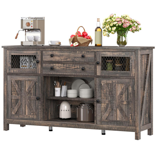 DWVO Farmhouse Buffet Cabinet with Storage, 59" Kitchen Coffee Bar Cabinet, 2 Large Drawers, Visual Grid Door, Storage Shelves, Storage Cabinet for Kitchen & Living Room, Dark Rustic Oak - WoodArtSupply