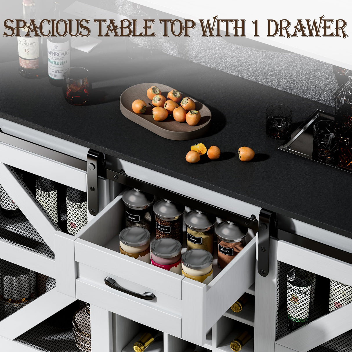 Wine Bar Cabinet with LED Strip, 48" Farmhouse Wine Cabinet with 12 Wine Racks and Power Outlet, Sliding Barn Door, Liquor Cabinet with Adjustable Shelf for Dining, Living Room wanan