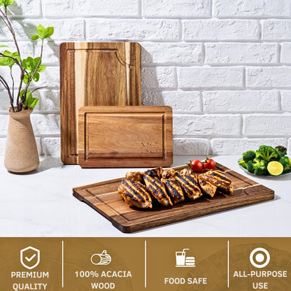 Acacia Wooden Cutting Boards for Kitchen (3 Pcs) - Acacia Wood Cutting Board Set with Deep Juice Groove and Handles, Chopping boards for kitchen, Meat, Vegetables and Cheese