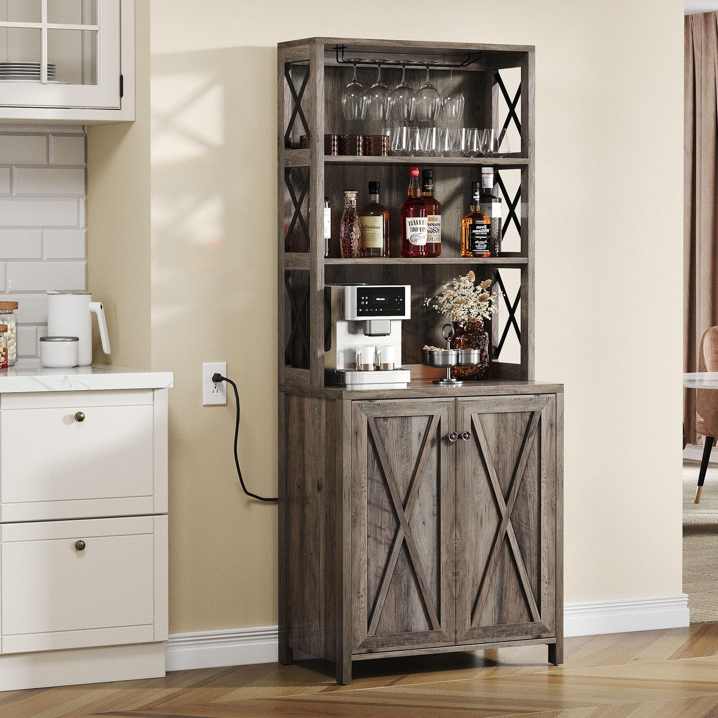 YITAHOME 67" Tall Bar Wine Cooler for Liquor and Glasses, Farmhouse Storage Cabinet w/Wine Rack, Open Storage Shelves, Buffet Kitchen Cabinet with Wooden Doors for Living Room, Living Room, Grey Wash