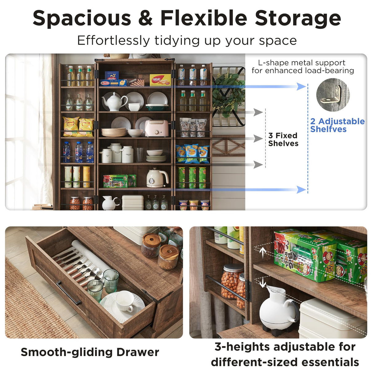 ACCOHOHO 72" Farmhouse Kitchen Pantry Cabinet with Drawer, Tall Storage Cabinet with 2 Barn Doors and Shelves, Versatile Large Rustic Cabinet for Dining Room, Bathroom, Living Room, Rustic Brown ACCOHOHO