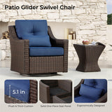 CHITA 5 Pieces Wicker Patio Furniture Set, Outdoor Conversation Set with 2 Pieces Rocking Swivel Chairs, 2 Pieces Ottomans and Side Table, Blue Cushions with Chestnut Wicker CHITA