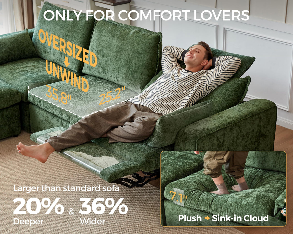 Bedeep Oversized Modular Sectional Sofa with Double Power Recliner, Cloud Reclining Couch with Headrest, Storage Drawer Charging Cup Holders, Deep L-Shaped 6 Seater with Corner, Chenille, Green Bedeep