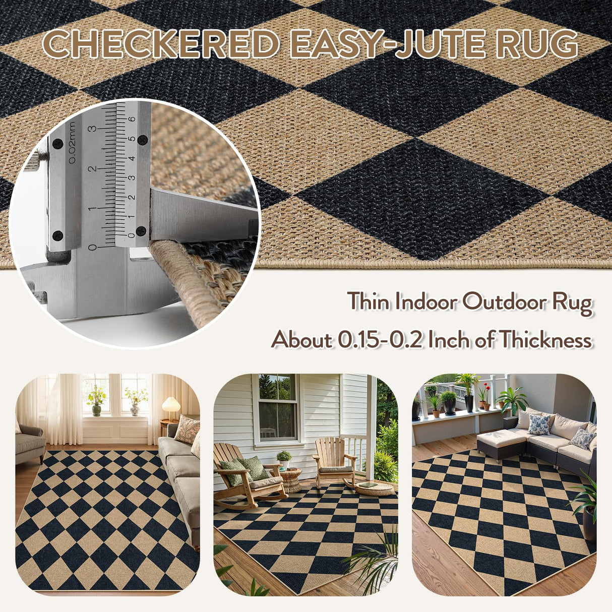 Lahome Checkered Easy Jute 5x7 Area Rugs, Washable Outdoor Patio Rug for Living Room Diamond Indoor Outdoor Carpet, Farmhouse Geometric Non Slip Black Carpet for Backyard Dining Room Lahome