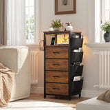 EnHomee Nightstand Set of 2, Night Stand with Charging Station & LED, Bedside Table with Fabric Drawers and Storage Shelf, Sturdy Steel Frame, Wood Top, Cloth Bags, Hooks, Brown EnHomee