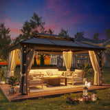 GAZEBEST 12' X 16' Permanent Hardtop Gazebo, Outdoor Polycarbonate Double Roof Pavilion Pergola Canopy with Aluminum Frame and Privacy Curtains for Patio, Garden, Backyard, Lawn GAZEBEST