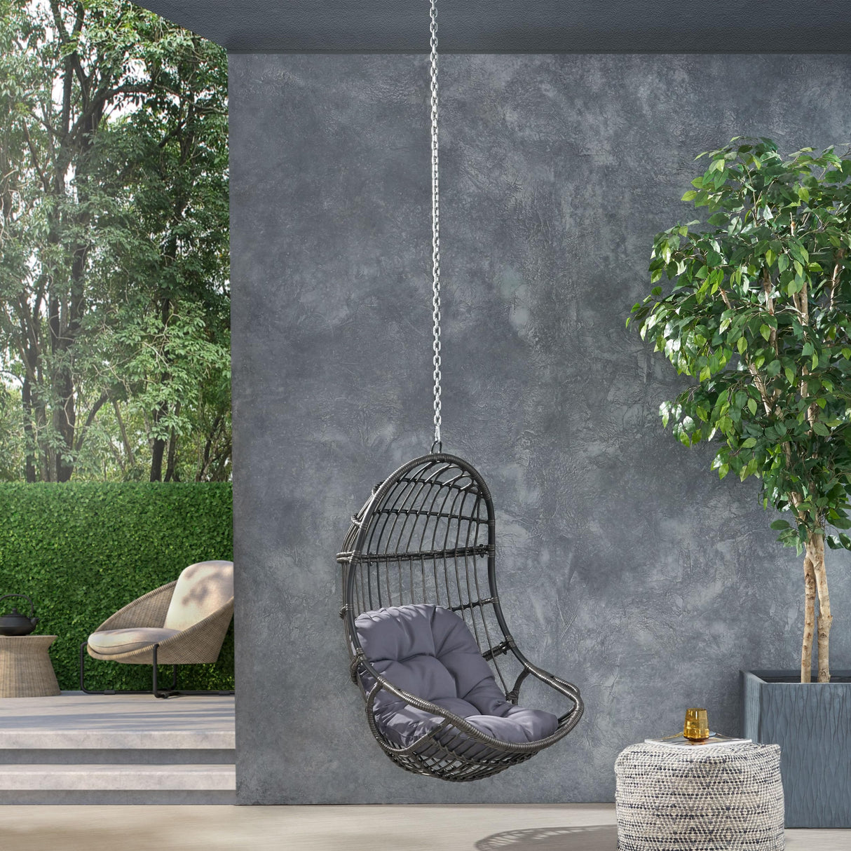 Hanging Chair with 8FT Chain, Egg Swing Chair Without Stand Outdoor Indoor, Wicker Rattan Hammock Egg Swing Chair with Hanging Chain, Ideal for Patio, Porch, Garden, Grey Ibraccieni
