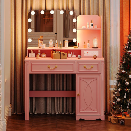 Lareth Makeup Vanity Desk with Lighted Mirror, 39.4 inch Small Vanity Table with Power Outlet, Bedroom Dressing Table, Adjustable Lights & 1 Cabinet 2 Drawers, Gifts for Teen Girls, Light Pink Lareth