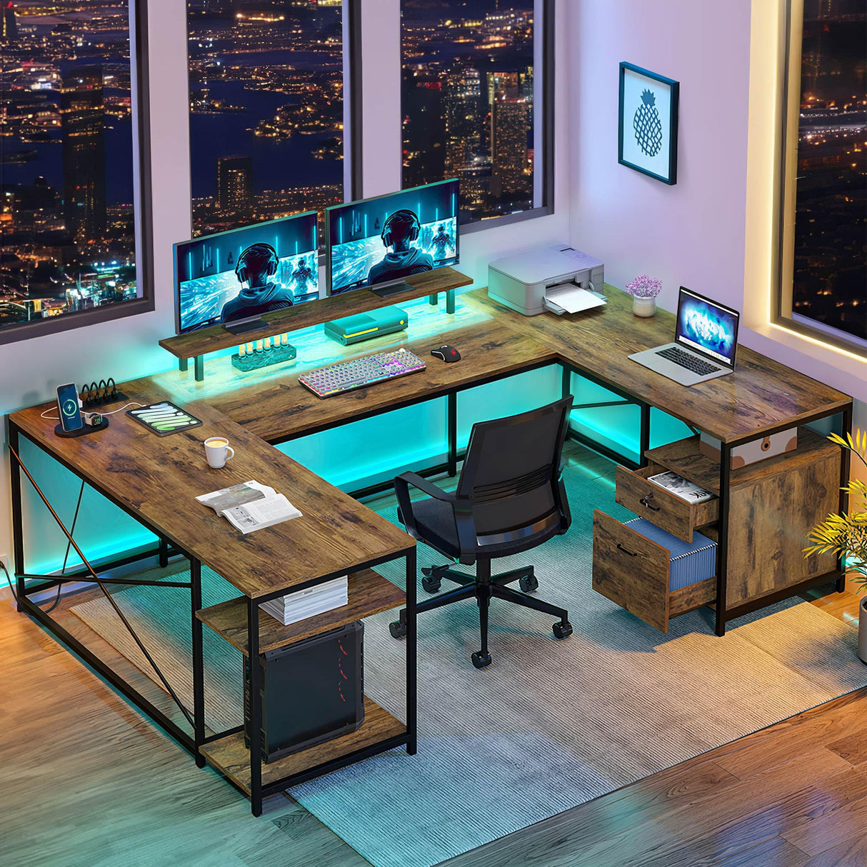 DWVO U Shaped Desk with Drawers, 79" Reversible L Shaped Desk with Power Outlets & LED Lights, Corner Computer Desk with Monitor Stand & Storage Shelves, Rustic Brown DWVO