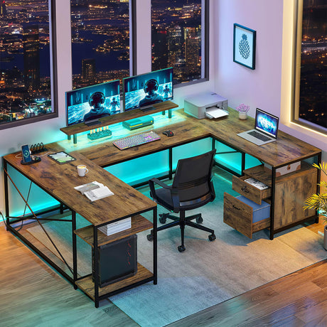 DWVO U Shaped Desk with Drawers, 79" Reversible L Shaped Desk with Power Outlets & LED Lights, Corner Computer Desk with Monitor Stand & Storage Shelves, Rustic Brown DWVO