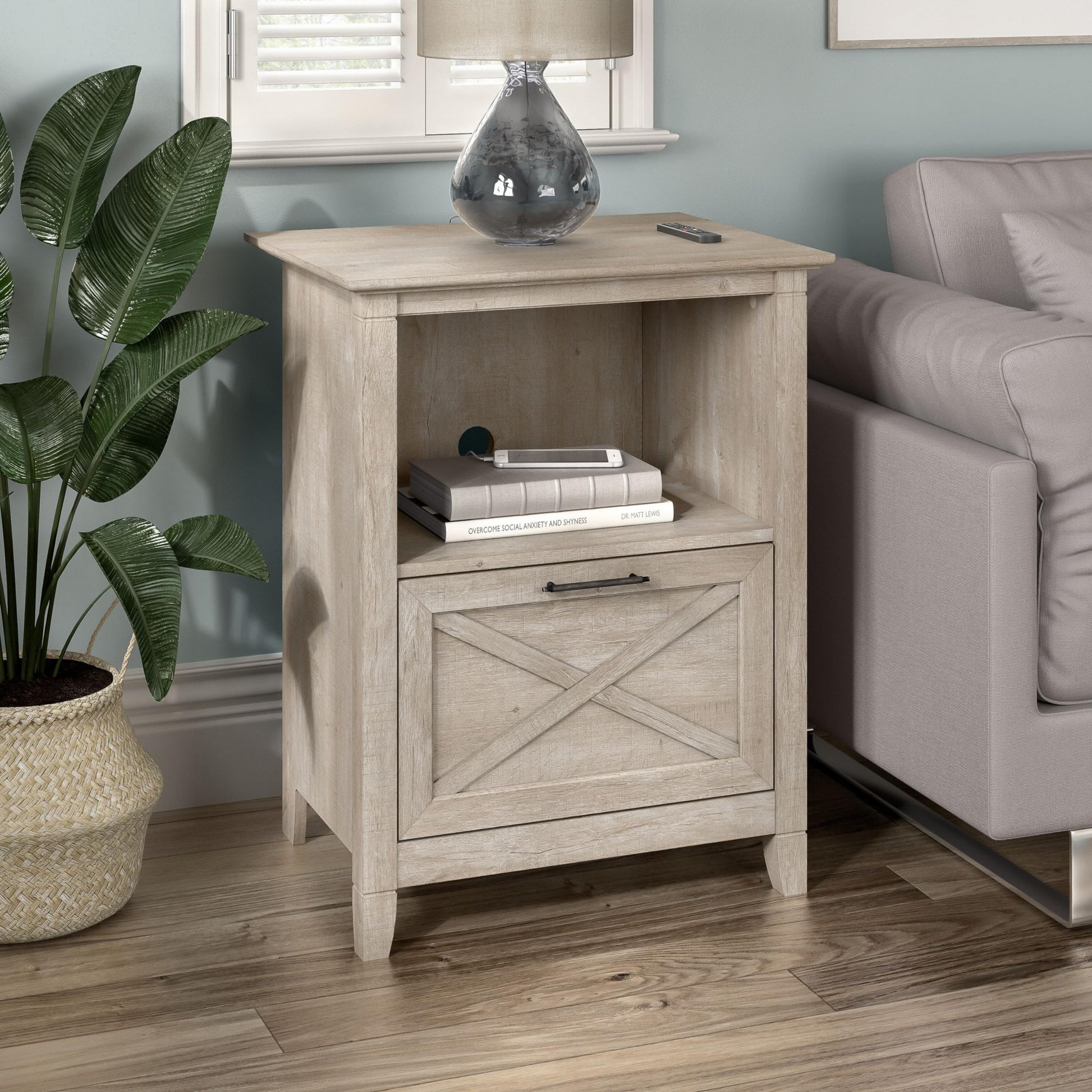 Bush Business Furniture Key West Casual End Table with Drawer in Washed Gray - WoodArtSupply