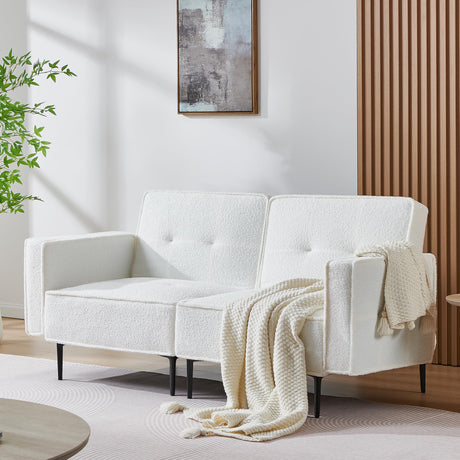 Furnify Small Loveseat for Living Room, 67" Sleeper Sofa Couch, Modern Futon with Adjustable Backrest, Comfy Two Seater Sofa for Bedroom Apartment Office, Teddy Fleece Fabric - White Furnify