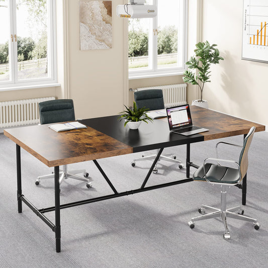 Tribesigns 6FT Conference Table, 70.8" W x 35.4" D Meeting Table Conference Room Tables with Pipe Metal Frame, Rectangle Training Seminar Table Computer Desk for Home Office, Brown - WoodArtSupply