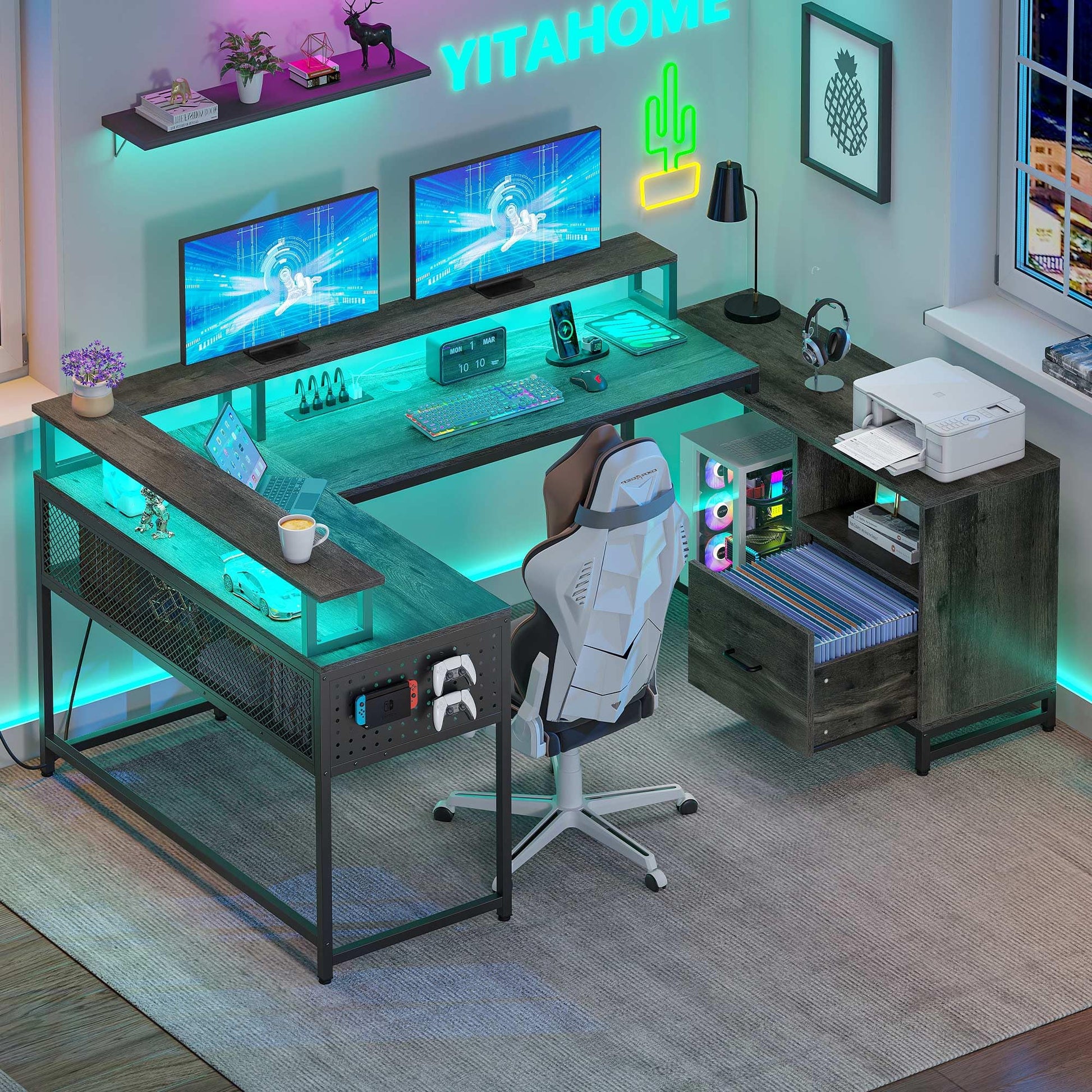 YITAHOME Versatile U Shaped Desk with Power Outlets, LED Lights & Storage Solutions in Grey - WoodArtSupply