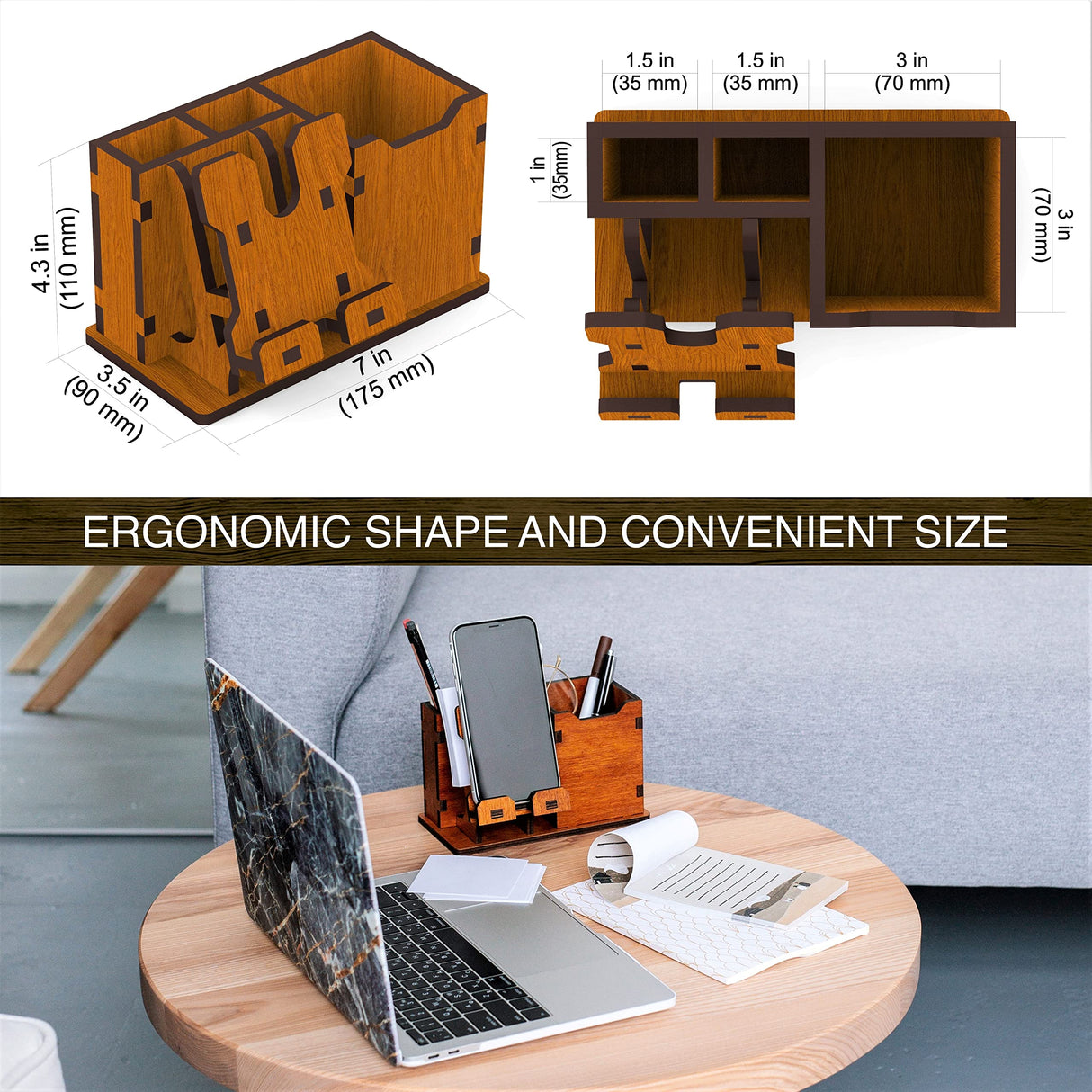 Personalized Wooden Pen Holder for Desk with Cell Phone Holder Wood Desk Organizer Pencil Holder Coworker Gifts Boss Leader Colleague Friends Office Organization Employee Appreciation Gifts Woodland