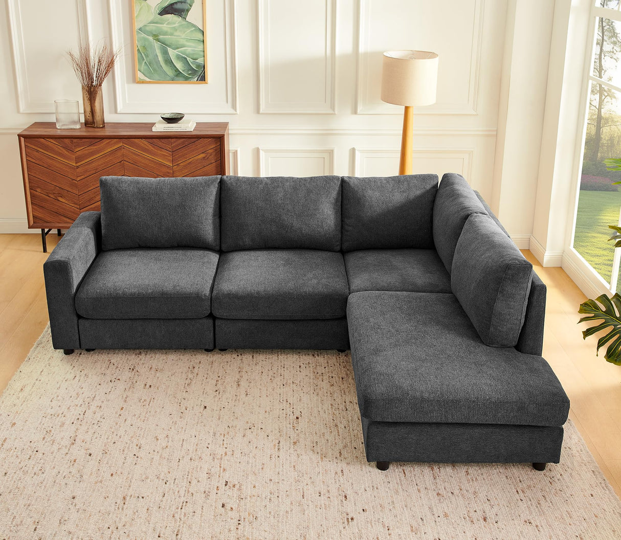 Elevyoliv 100" L Shaped Sectional Couch with Chaise, Modern 4-Seater Sectional Couches for Living Room, Comfy Chenille Corner Sofa for Apartment, Dark Grey Elevyoliv