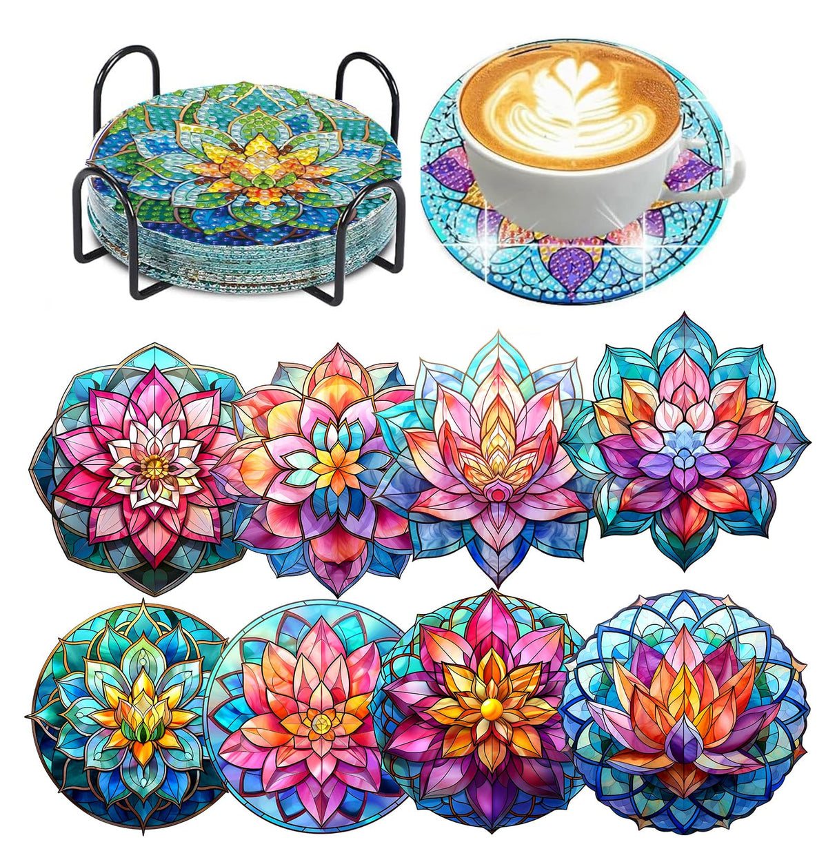 8 PCS Lotus Diamond Art Coasters Kits, Diamond Painting Coasters with Holder Set of 8, DIY Drink Coasters Art Crafts Supplies for Adults Cup Mat for Home Decor House Warming Gifts Non-Slip 3.9inch FOXKISS