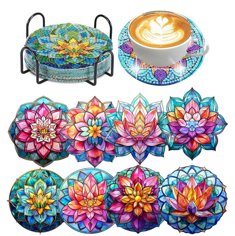 8 PCS Lotus Diamond Art Coasters Kits, Diamond Painting Coasters with Holder Set of 8, DIY Drink Coasters Art Crafts Supplies for Adults Cup Mat for Home Decor House Warming Gifts Non-Slip 3.9inch FOXKISS