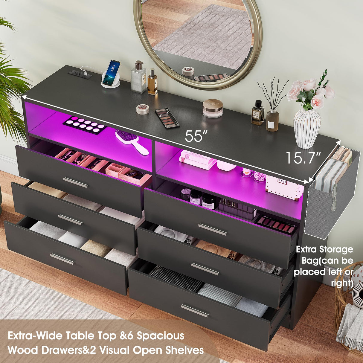 Alohappy 6 Drawer Dresser with Charging Station and LED Lights, Chest of Drawers with Open Storage Cubby, 55" Long Dresser, Modern Wood Dresser for Bedroom, Living Room, Entryway(Black) Alohappy