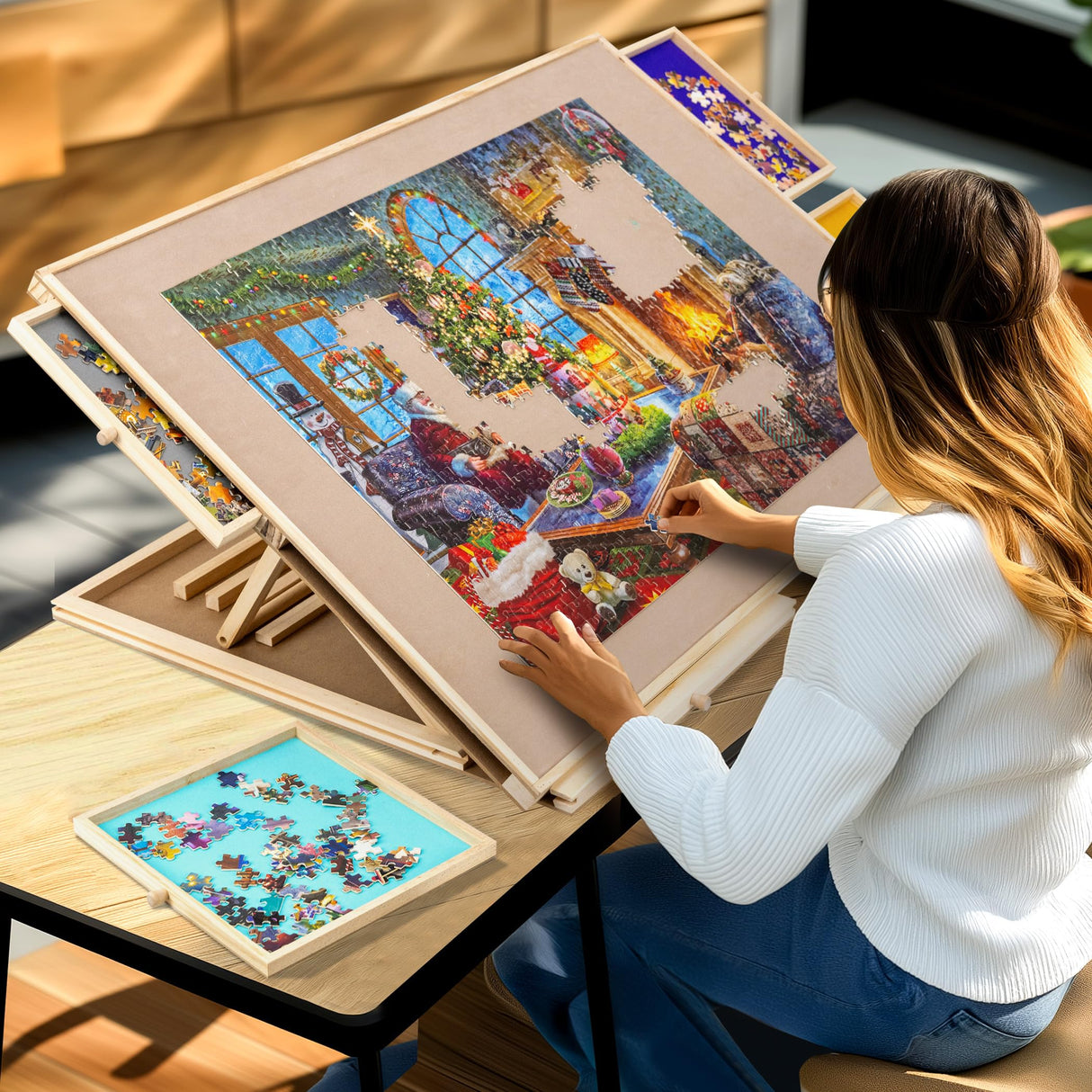 Sancallie Adjustable Wooden Puzzle Board Easel Non-Slip Suede Surface Puzzle Table Accessory for Up to 1,500 Pieces Puzzles with 4 Sorting Trays Sancallie