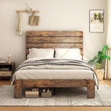 Queen Size Wooden Bed Frame with Headboard, Rustic Farmhouse Style Sturdy Bedframe with Wooden Slat Support, Noiseless, Easy to Assemble, No Spring Mattress Required. (Light Brown, Queen) QNICE