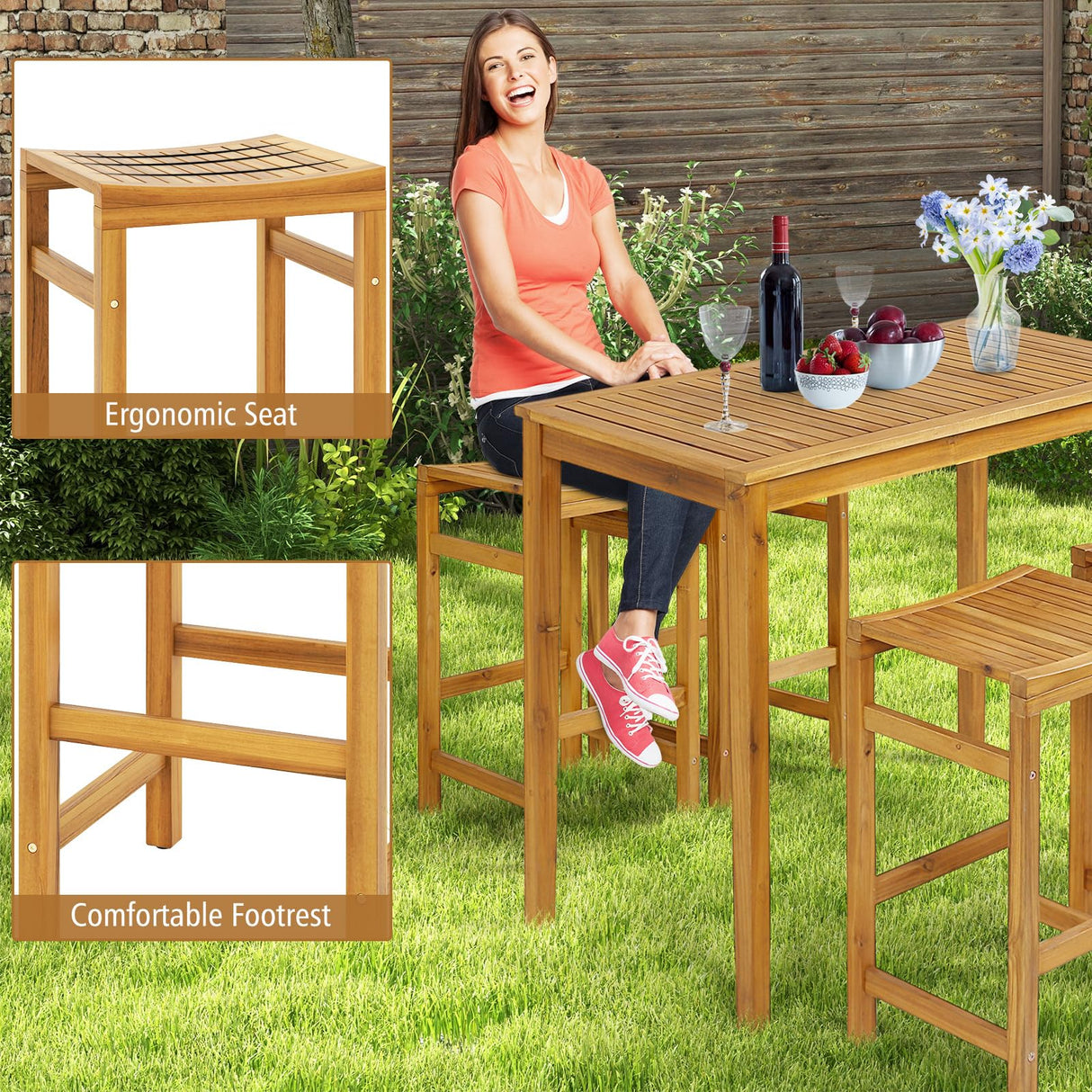 HAPPYGRILL Acacia Wood 5-Piece Outdoor Bar Set with Table and Saddle Stools HAPPYGRILL