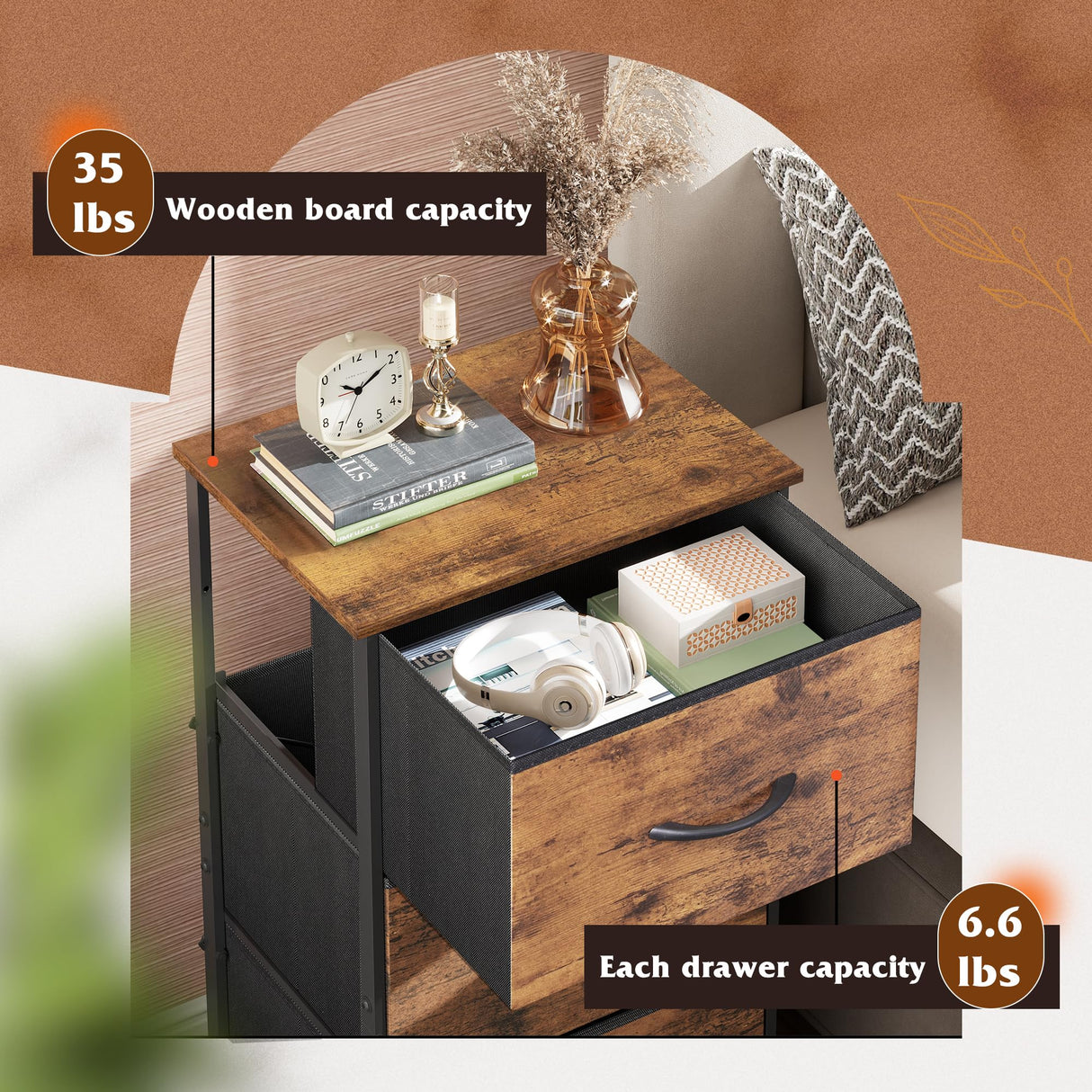 WLIVE Dresser with 3 Drawers, Fabric Nightstand, Organizer Storage Dresser for Bedroom, Hallway, Entryway, Closets, Sturdy Steel Frame, Wood Top, Easy Pull Handle, Rustic Brown Wood Grain Print WLIVE