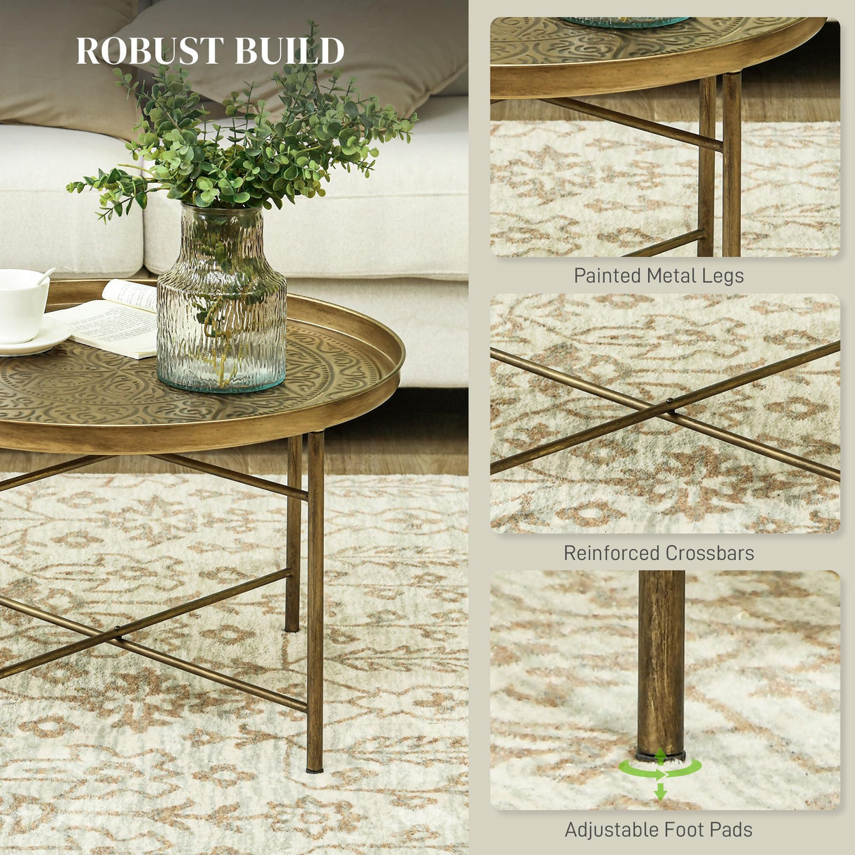 HOMCOM 24" Round Coffee Table with Hammered Tray Top, Vintage Metal Center Table for Living Room, Bedroom, Side Table, Gold HOMCOM