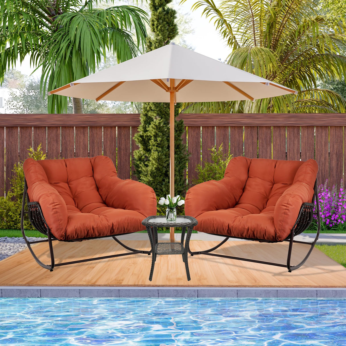 TIMWNER Papasan Rocking Chair Indoor & Outdoor, All Weather Wicker Papasan Patio Chair with Cushion & Pillow, Oversized Papasan Rocker Egg Chair for Bedroom, Garden, Patio - Red. TIMWNER