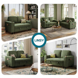 LINSY HOME Loveseat Sofa with Pull Out Couch Chaise: 2-in-1 Convertible 2 Seater Sofa with USB Charging & Cup Holders, Comfy Plush Corduroy Love Seat for Small Spaces Living Room Apartment, Green LINSY HOME