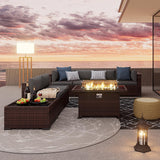 Amopatio 8 Pieces Patio Furniture Set Outdoor with Gas Fire Pit Table, PE Wicker Pit Conversation Set, 44" Gas Fire Patio Sectional Furniture with Grey Cushions, Coffee Table, Waterproof Covers Amopatio