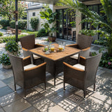 RoyalCraft 5 Piece Patio Wicker Dining Sets for 4, Water-Resistant Rattan Outdoor Dining Table and 4 Chairs with Wood Table Top, Conversation Set Removable Cushions for Deck, Garden, Backyard, Brown RoyalCraft