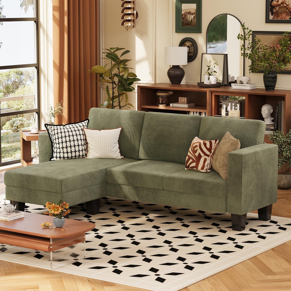 VICTONE Convertible Sectional Sofa Couch, 3 Seat L-Shaped Sofa with Linen Fabric Ottoman Small Couch for Small Apartments, Living Room and Office (Corduroy, Green) VICTONE