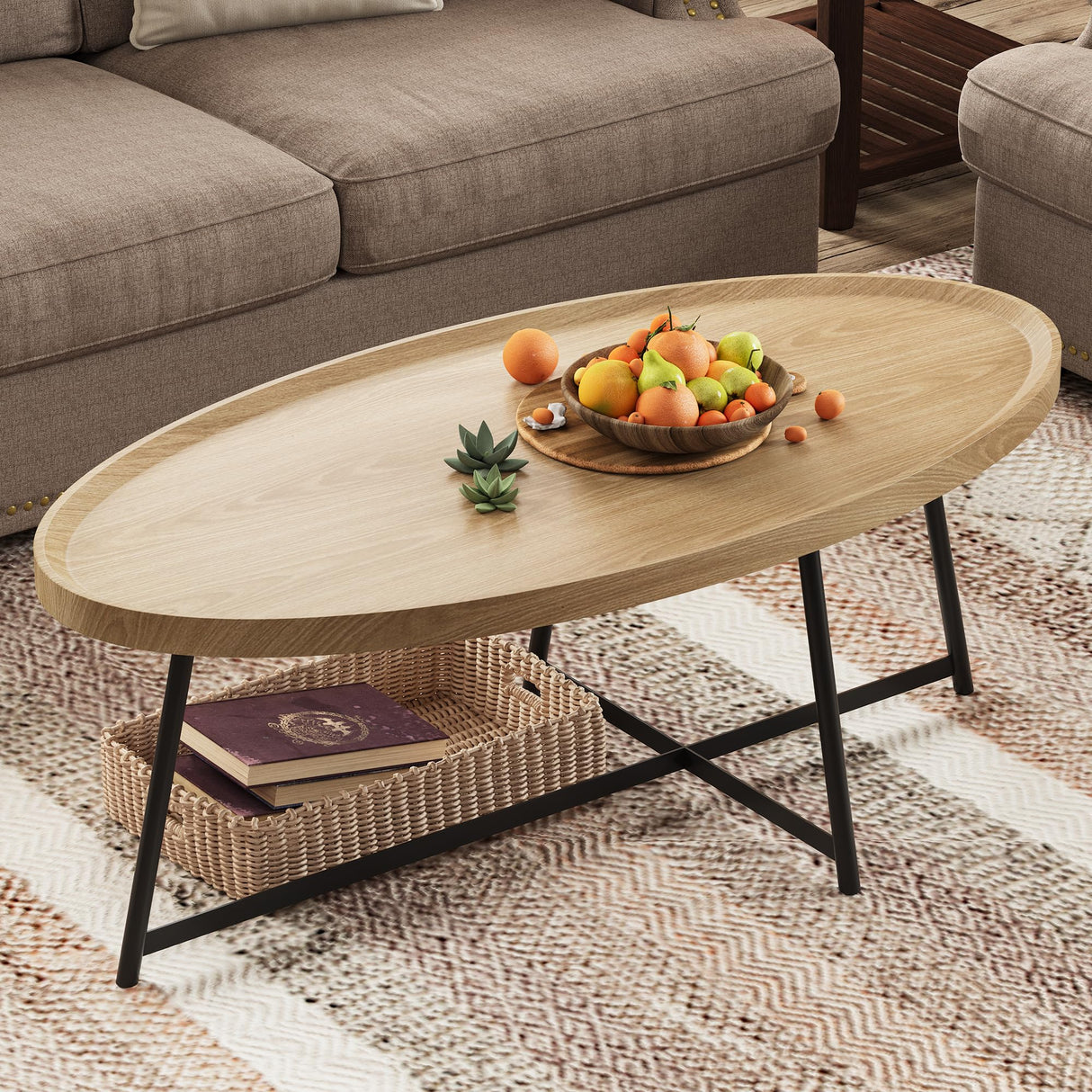 Modern Coffee Table, Oval Wood Coffe Table Center Table with Metal Leg for Living Room, 47 Inch Coffee Tables Accent Furniture (Oval Coffee Table, Nature) THRONKENGER
