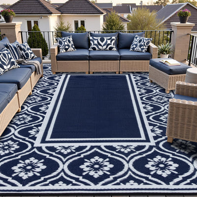 HUGEAR RV Outdoor Rug Waterproof Mat 9'x12' Camping Carpet Blue Outside Area Rugs Reversible Rugs for Deck Entryance Porch Picnic Balcony Beach