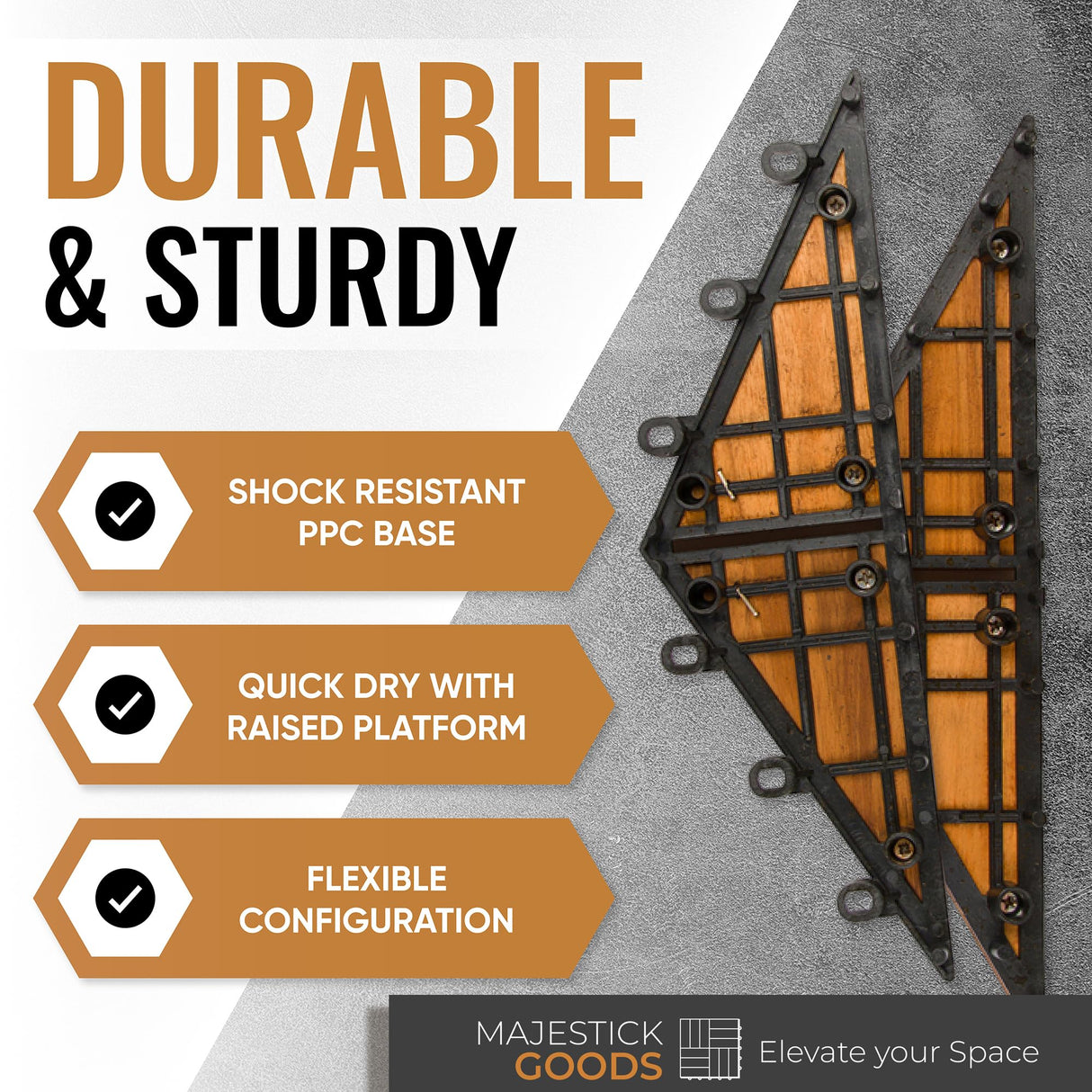 Interlocking Deck Tiles 12" x 9" Herringbone 6 Sq Ft - Non-Slip Acacia Wood Outdoor Tiles for Patio - Decking, Porch and Balcony Flooring Tiles - Easy to Install Wooden Deck Tile Pavers (8 Pack) Majestick Goods