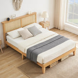 Deluxe Solid Wood Full Bed Frame with Rattan Headboard and LED Lights by GAOMON GAOMON