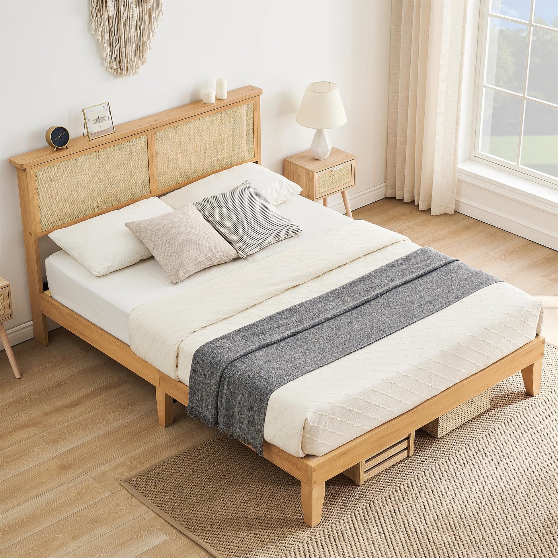 Deluxe Solid Wood Full Bed Frame with Rattan Headboard and LED Lights by GAOMON - WoodArtSupply