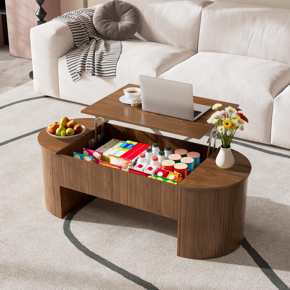 Oval Lift Top Coffee Table with Hidden Storage, Mid Century Modern Coffee Table with Lift Tabletop for Living Room, 47 Inch Large Wooden Center Table for Home Office (Walnut) Jimmhome