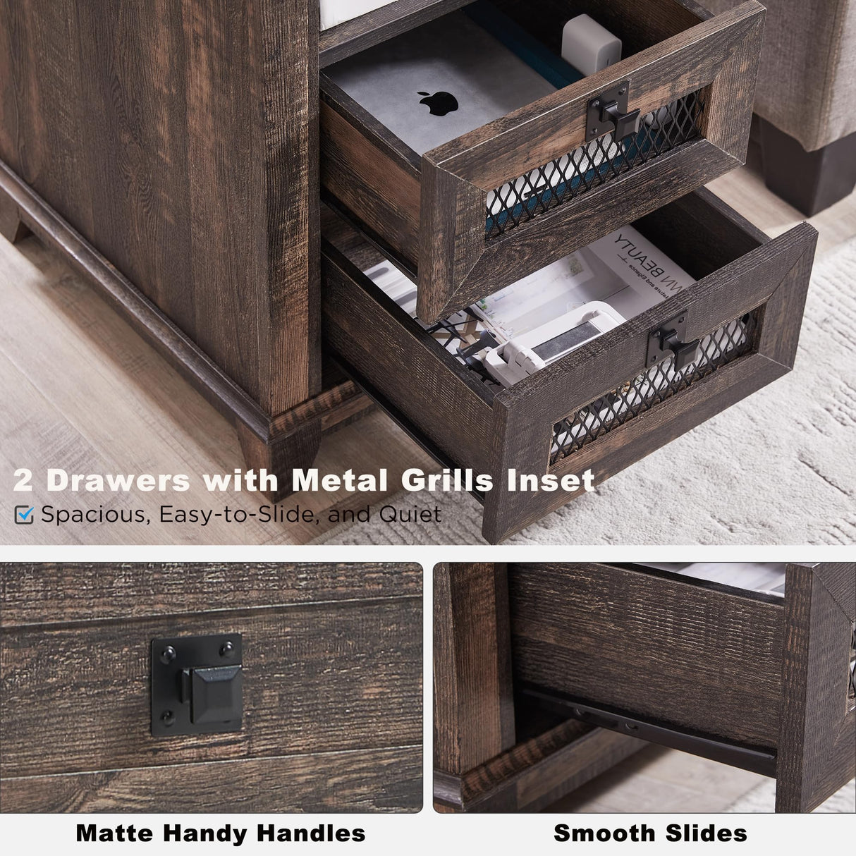 T4TREAM Farmhouse Nightstand with Charging Station, 18'' Wood End Table with 2 Drawers & Metal Mesh Decor, Rustic Side Table Storage Cabinet for Bedroom, Living Room, Dark Rustic Oak T4TREAM