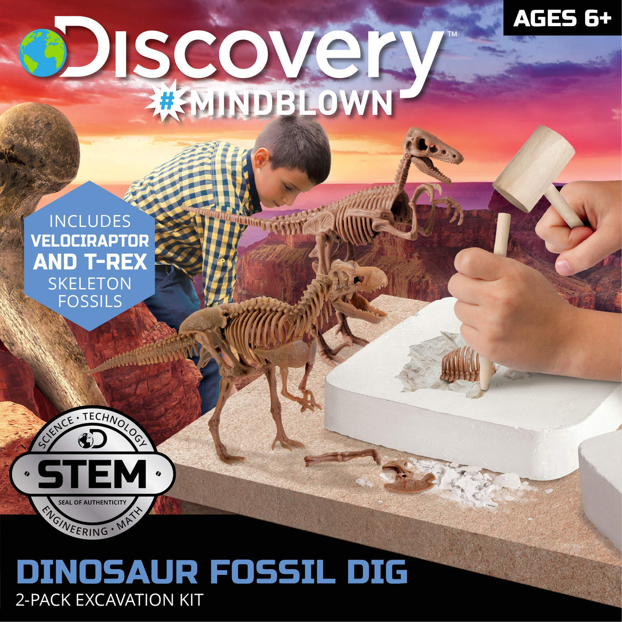 Discovery™ Dinosaur Fossil Dig Excavation Kit, 15-Piece T-Rex & 10-Piece Velociraptor, 3D Skeleton Puzzle Display Models, Includes Tools & Safety Glasses, Jurassic Dino Toy for Kids Discovery Kids