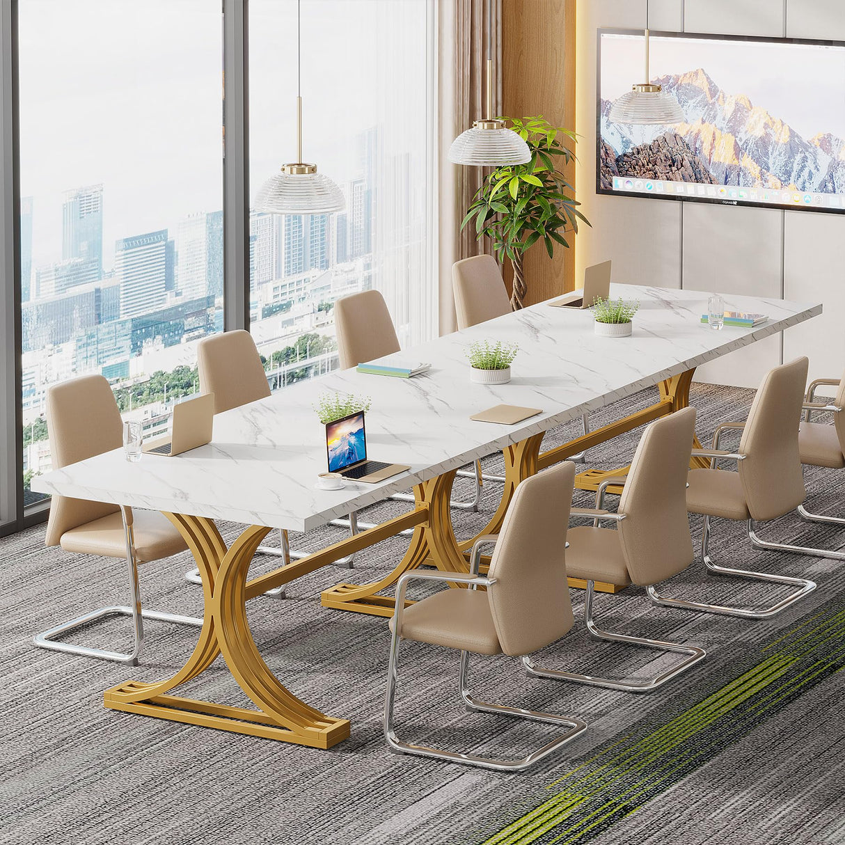 Tribesigns 10.5FT Conference Table, Modern Meeting Table for 8-10 People, Rectangle Seminar Boardroom Table for Office Conference Room with Stylish Legs (2, White + Gold) Tribesigns