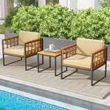 Tangkula 3 Pieces Patio Chair Set, Acacia Wood Outdoor Sofa Set with Metal Support, Soft Seat & Back Cushions Included, Cushioned Bistro Set for Balcony, Porch, Backyard (Beige) Tangkula