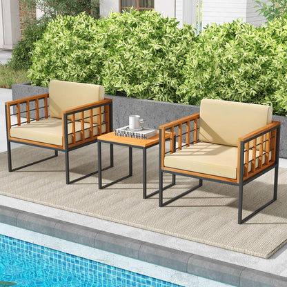 Tangkula 3 Pieces Patio Chair Set, Acacia Wood Outdoor Sofa Set with Metal Support, Soft Seat & Back Cushions Included, Cushioned Bistro Set for Balcony, Porch, Backyard (Beige) - WoodArtSupply