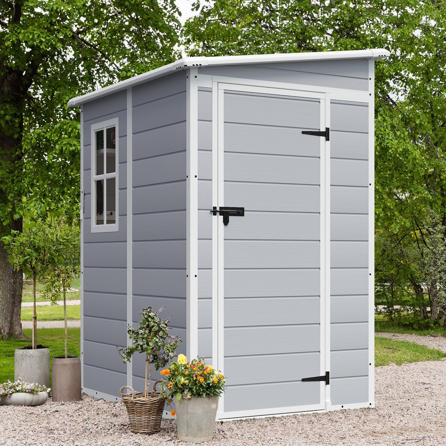 JUMMICO Outdoor Storage Shed, 5 x 4 FT Resin Shed with Floor and Lockable Door, Plastic Garden Tool Outside Sheds for Patio Backyard Lawn - WoodArtSupply