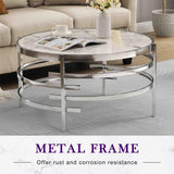 LifeSky Round Modern Coffee Table - 32" Faux Marble Circle Center Table Stone Metal Silver LIFE SKY
