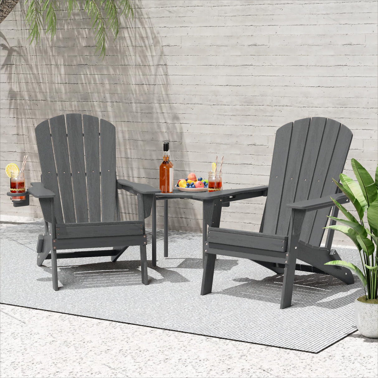 Plawdlik Folding Adirondack Chair, SGS Tested, Wooden Textured with Cup Holder, Heavy All-Weather HDPE Comfortable Set Poolside Backyard Lawn Grey set 2 Plawdlik